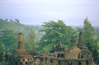 Yogjakarta Borobudur at early morning with volcano