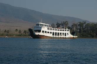 AMI Lombok Ombak Putih sailing ship in Labuhan Kayangan harbour ferry to Sumbawa island from dinghy 3008x2000