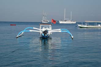 AMI Lombok Senggigi Ombak Putih sailing ship panorama from Senggigi beach with outrigger boat 3008x2000